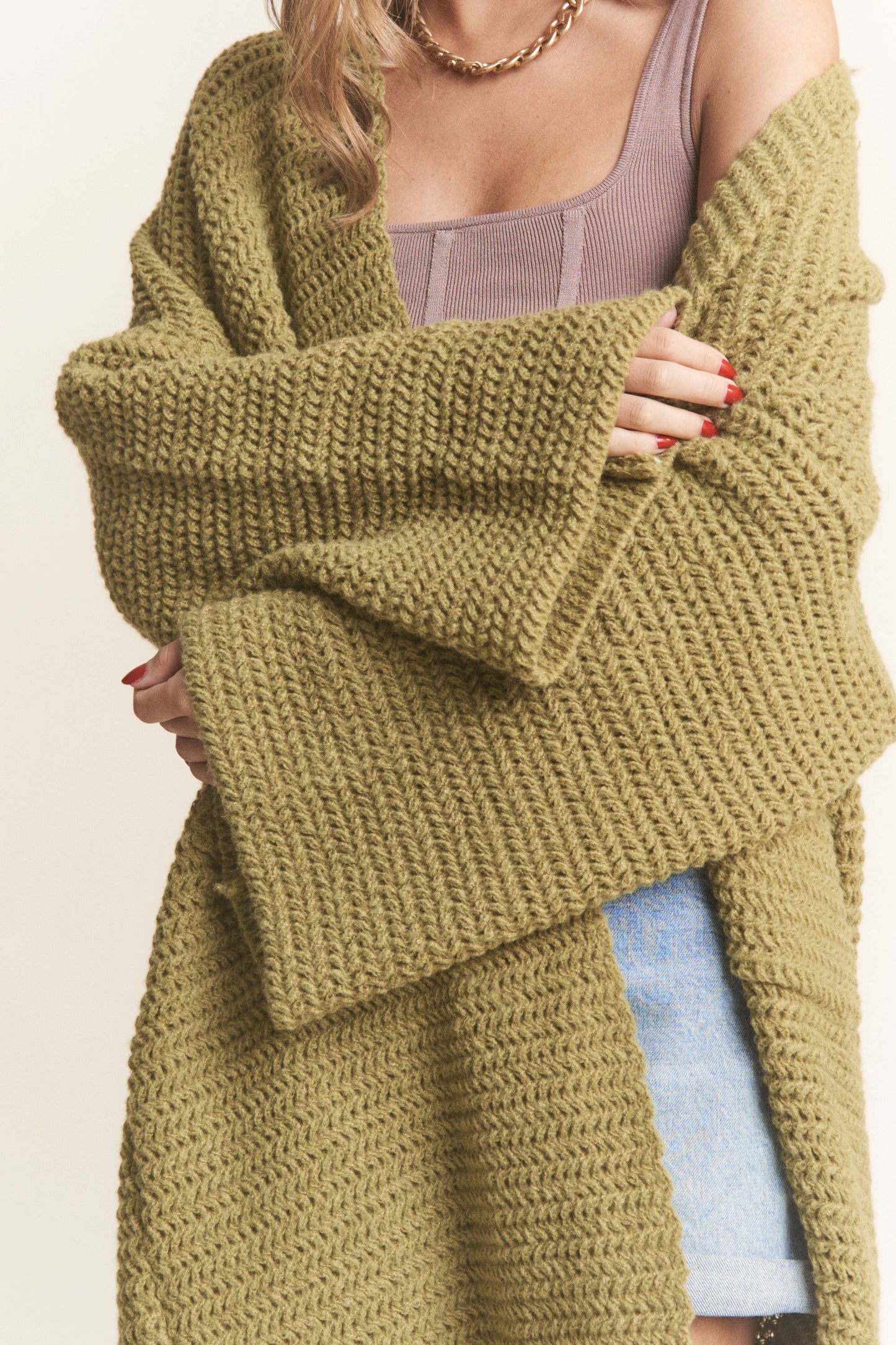 Long Body Cable Knit Open Cardigan: Golden Kiwi / M