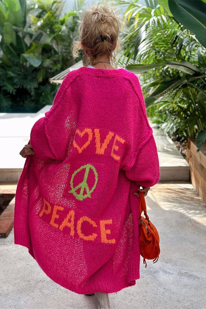 Love & Peace Exposed Seam Knit Sweater Long Cardigan: Fuchsia / L