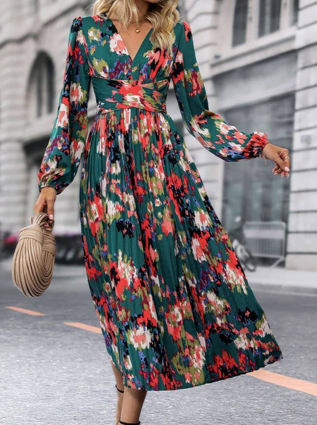 Stylish Printed V-Neck Slit Long-Sleeved Dress: Green / L