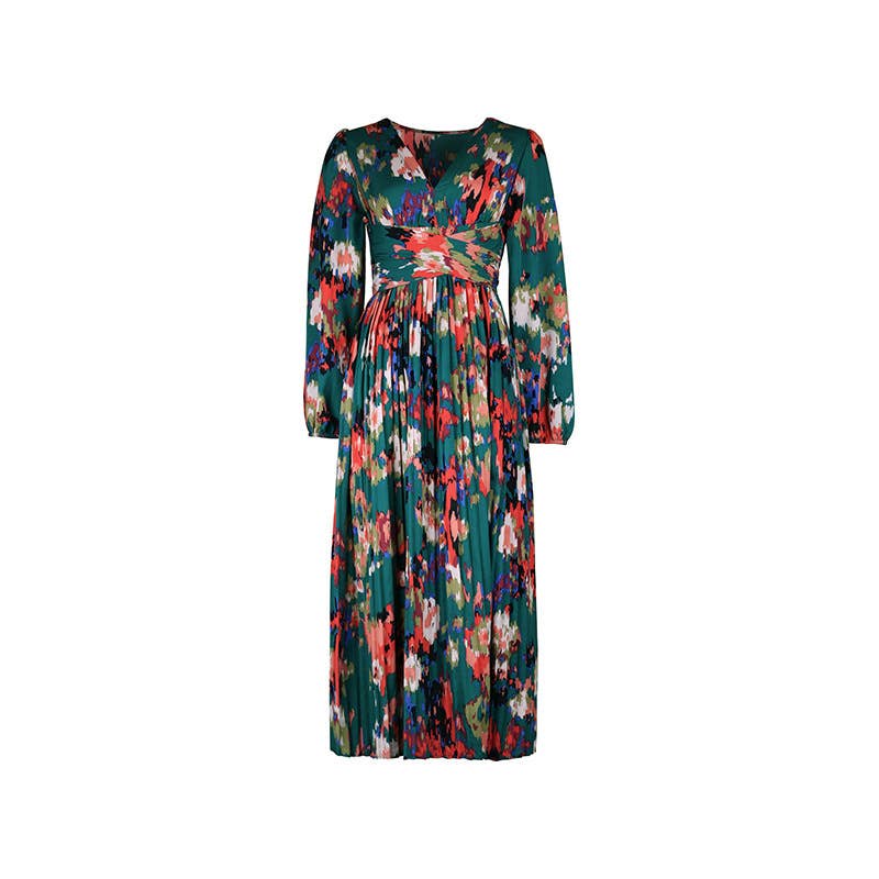 Stylish Printed V-Neck Slit Long-Sleeved Dress: Green / L