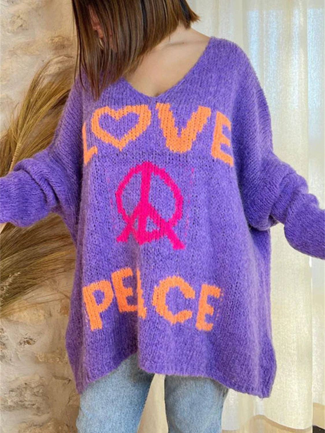 Love and Peace v-neck loose Knit Sweater: Blue / L