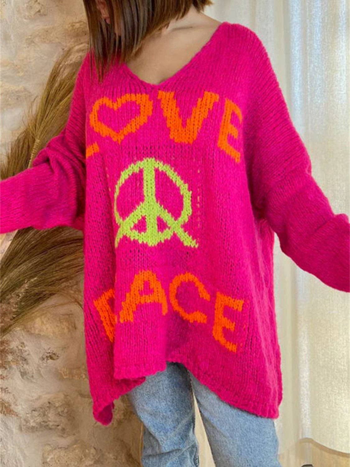 Love and Peace v-neck loose Knit Sweater: Blue / L