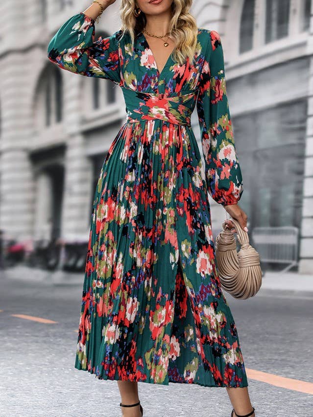Stylish Printed V-Neck Slit Long-Sleeved Dress: Green / XL