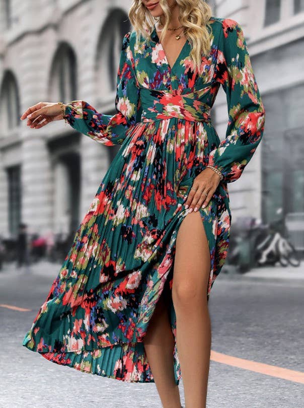 Stylish Printed V-Neck Slit Long-Sleeved Dress: Green / L