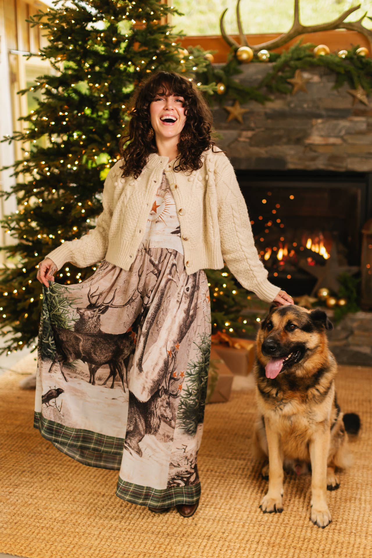 Winter Wish Christmas Plaid Bohéme Slip Dress with Deer: L/XL (fits approx. size 12-16)