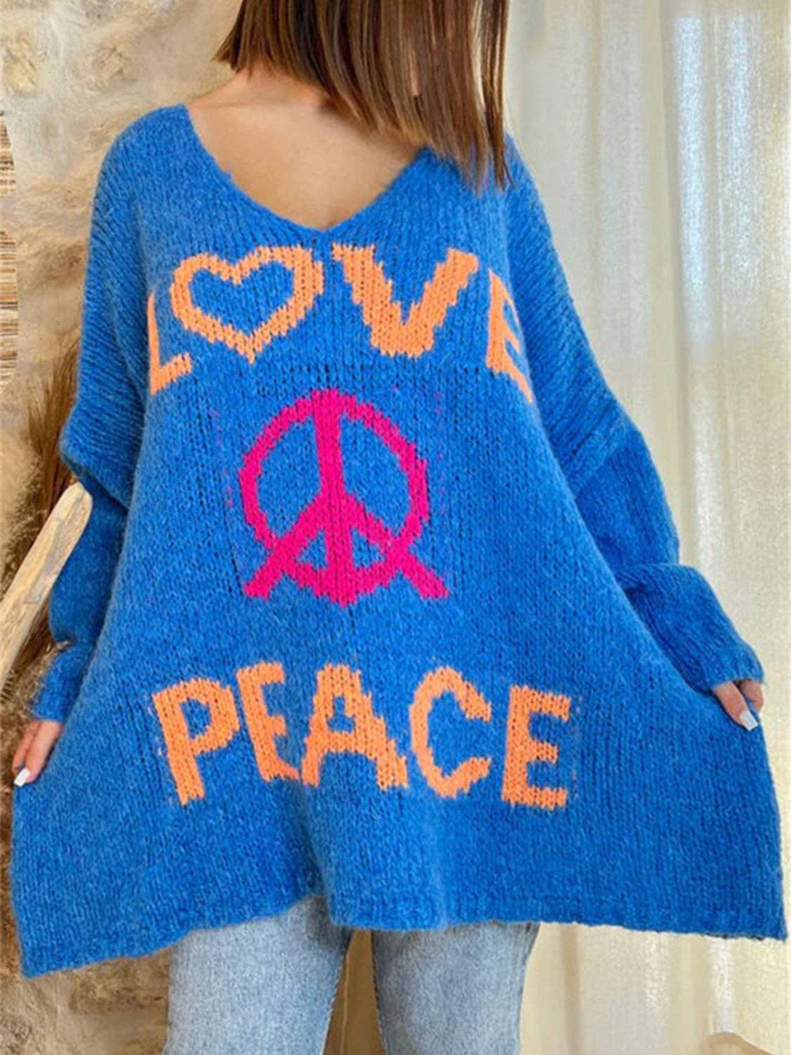 Love and Peace v-neck loose Knit Sweater: Blue / M
