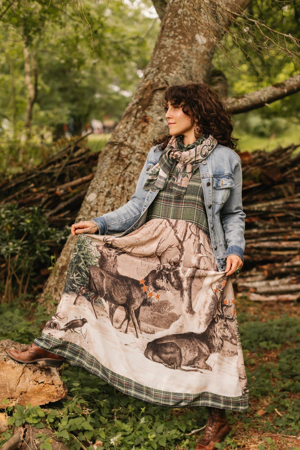 Winter Wish Christmas Plaid Bohéme Slip Dress with Deer: L/XL (fits approx. size 12-16)