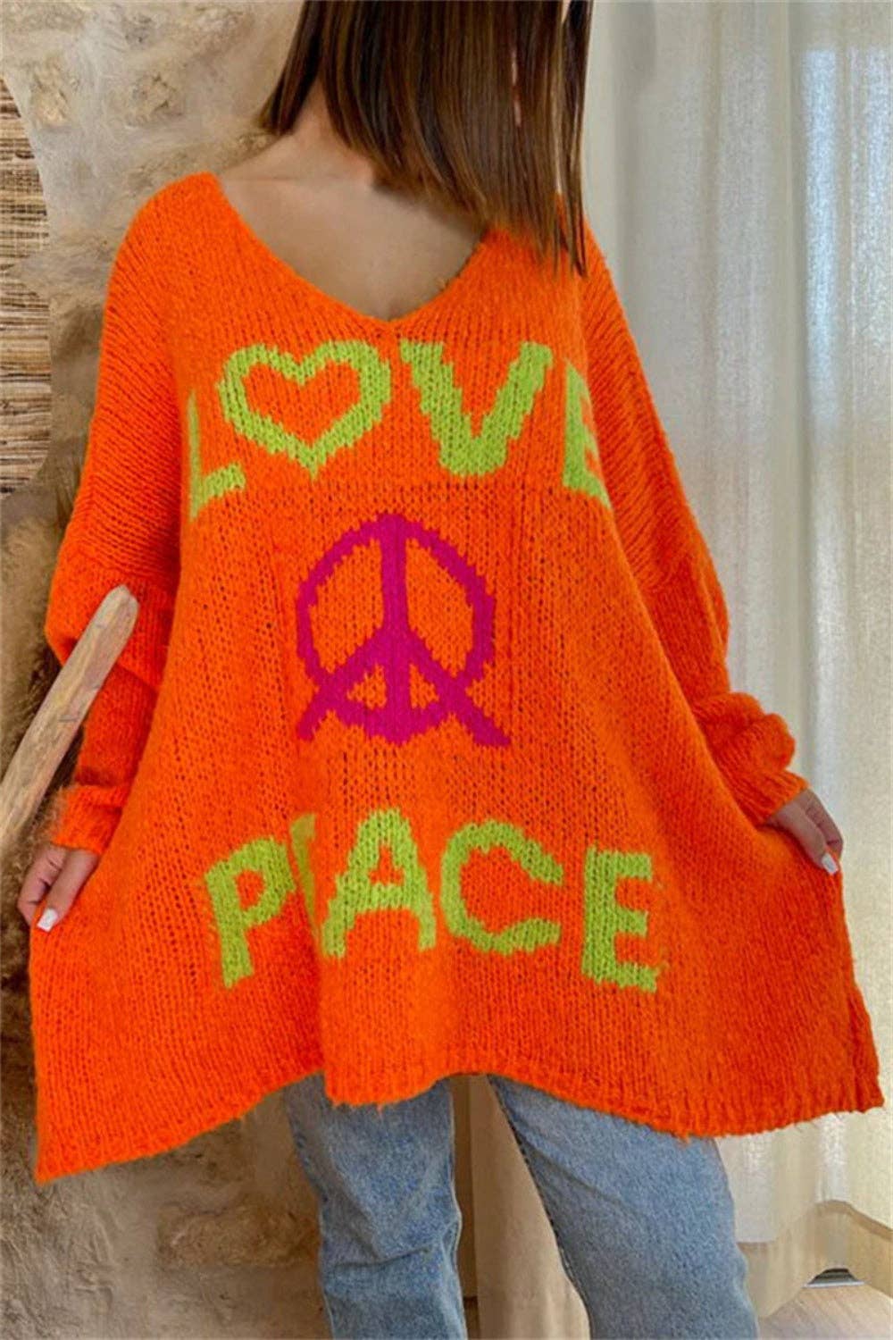 Love and Peace v-neck loose Knit Sweater: Blue / L