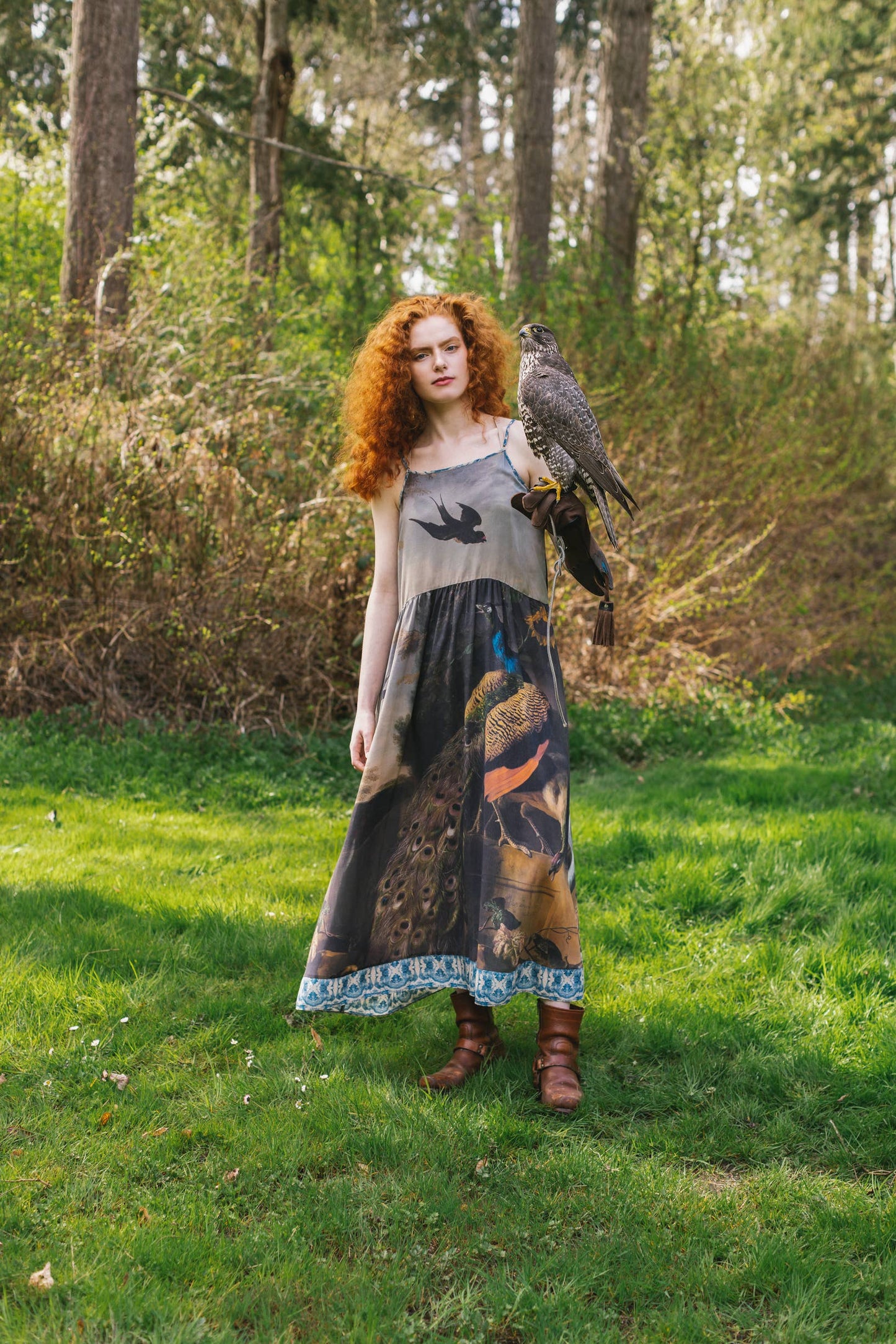 Wild Beauty Peacock Print Bohemian Bamboo Slip Dress: L/XL (fits approx. size 12-16)