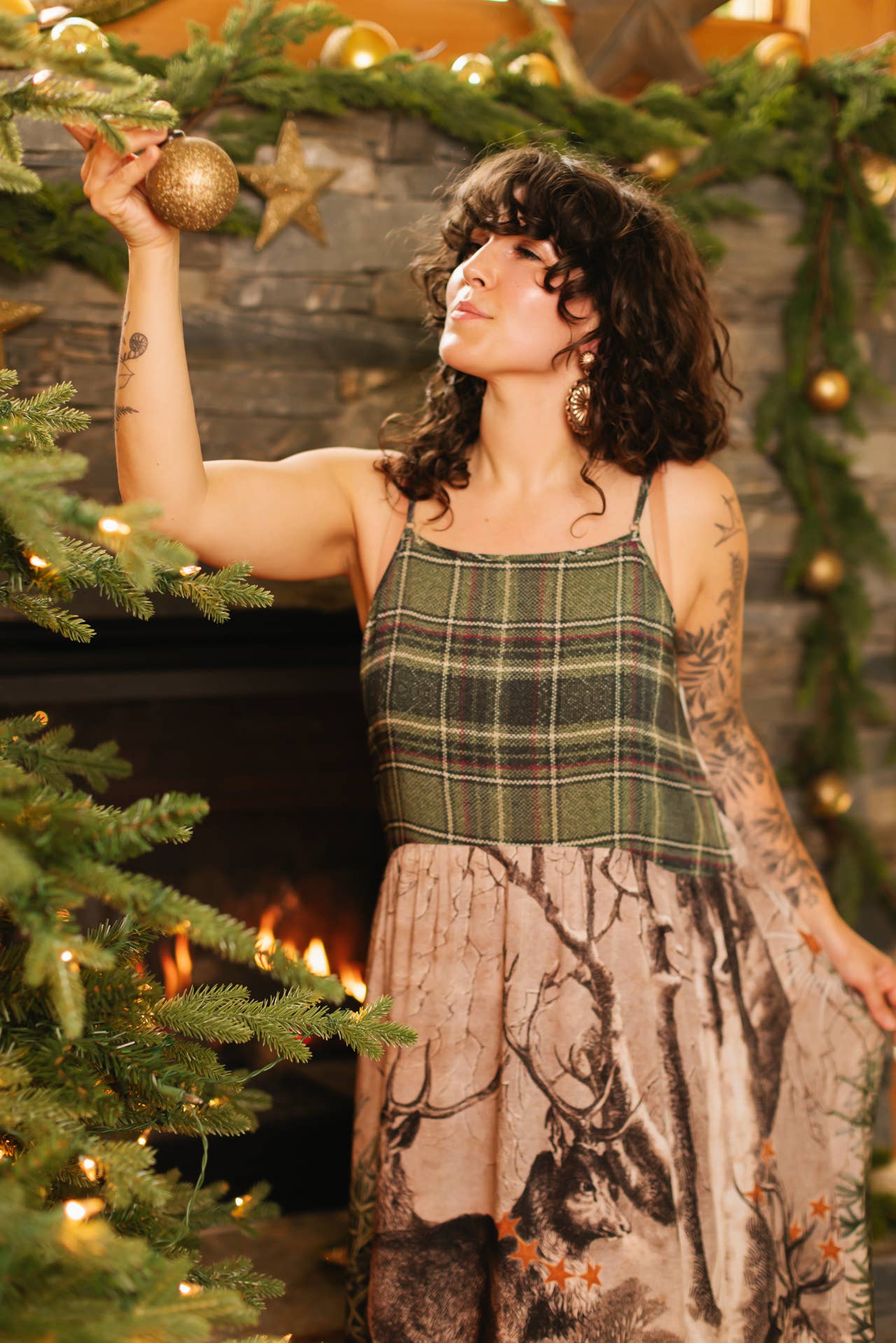 Winter Wish Christmas Plaid Bohéme Slip Dress with Deer: L/XL (fits approx. size 12-16)