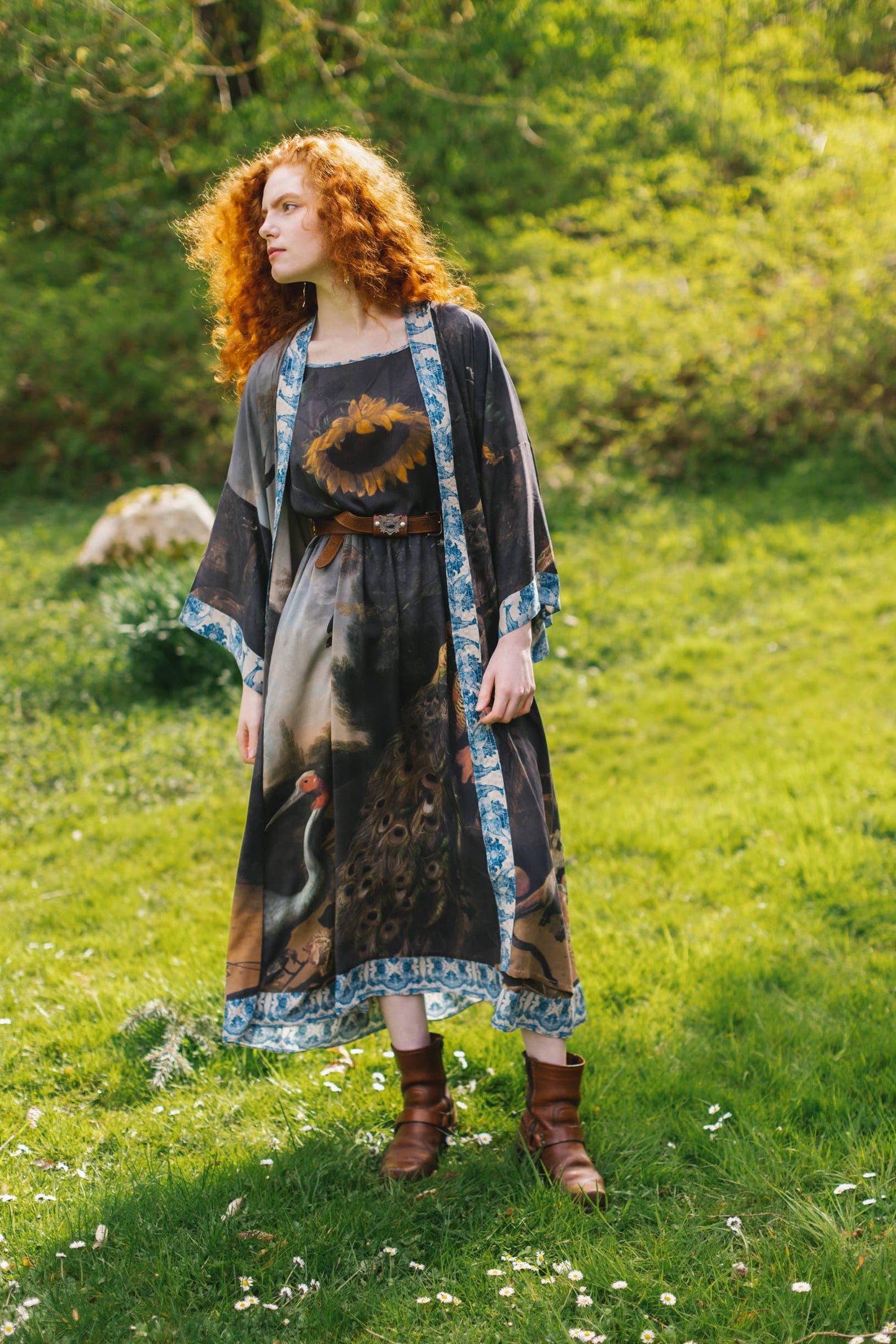 Wild Beauty Peacock Print Bohemian Bamboo Slip Dress: S/M (fits approx. size 6-10)