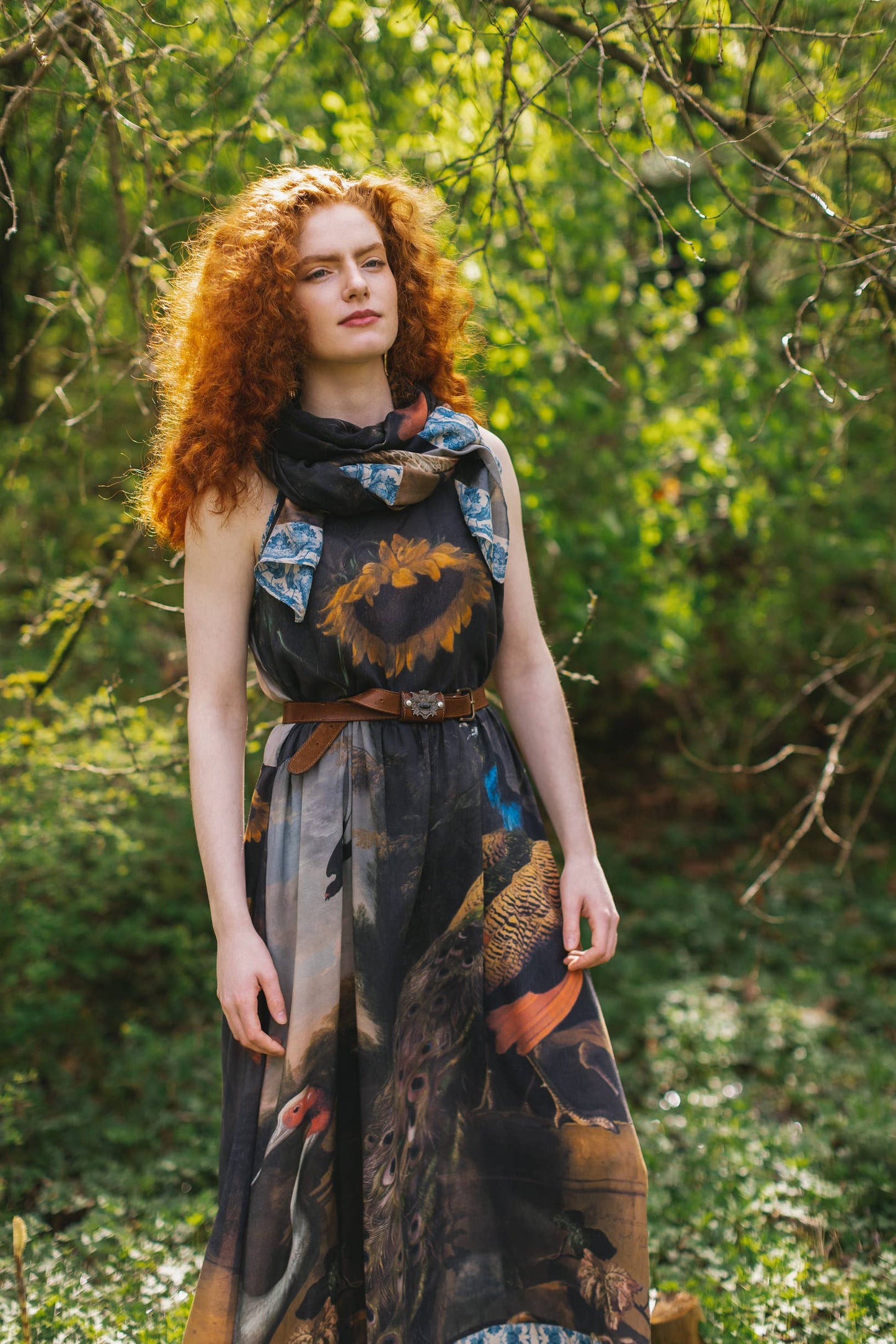 Wild Beauty Peacock Print Bohemian Bamboo Slip Dress: L/XL (fits approx. size 12-16)