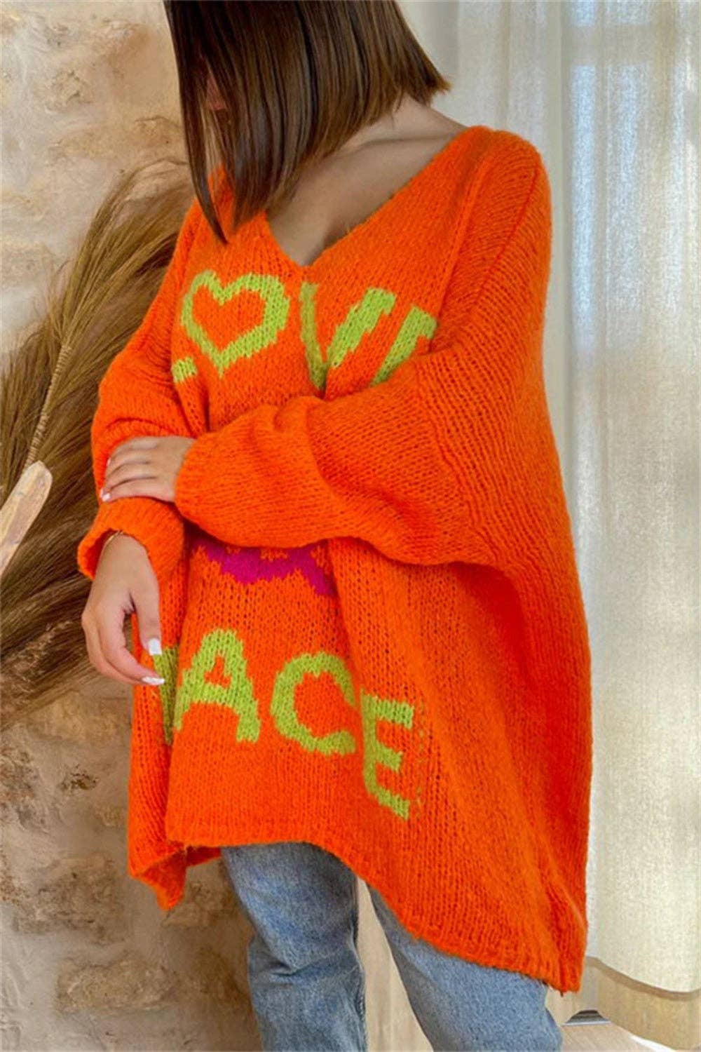 Love and Peace v-neck loose Knit Sweater: Blue / L