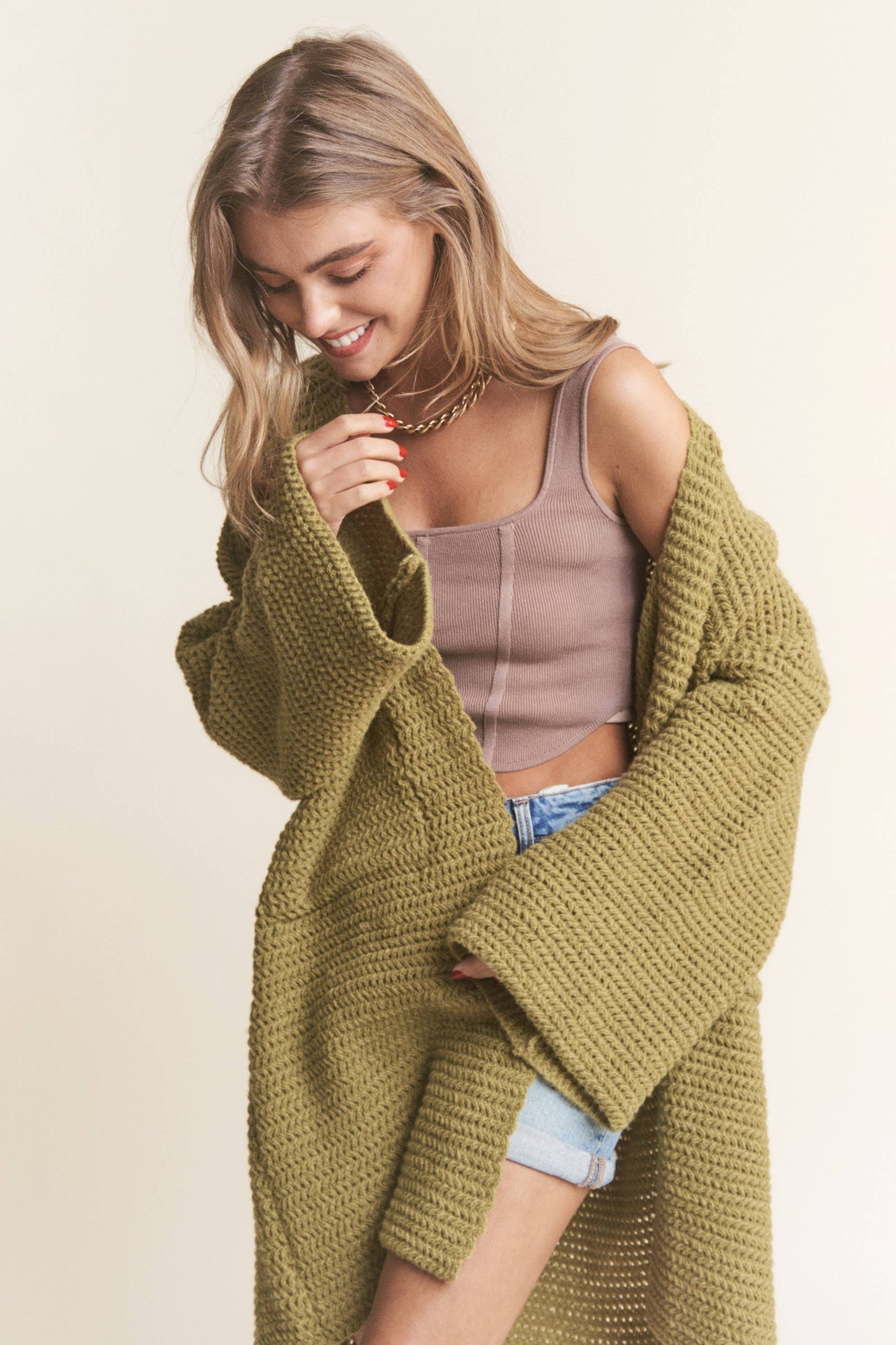 Long Body Cable Knit Open Cardigan: Golden Kiwi / L