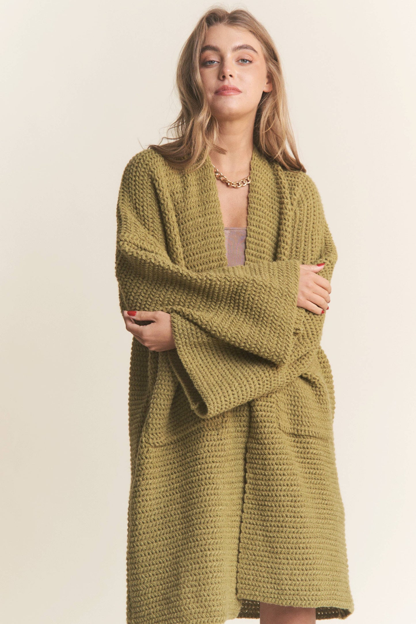 Long Body Cable Knit Open Cardigan: Golden Kiwi / S