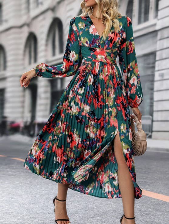 Stylish Printed V-Neck Slit Long-Sleeved Dress: Green / L