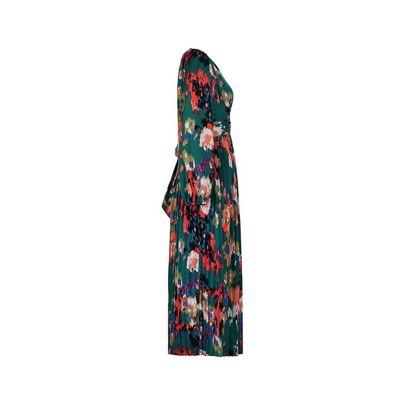 Stylish Printed V-Neck Slit Long-Sleeved Dress: Green / L