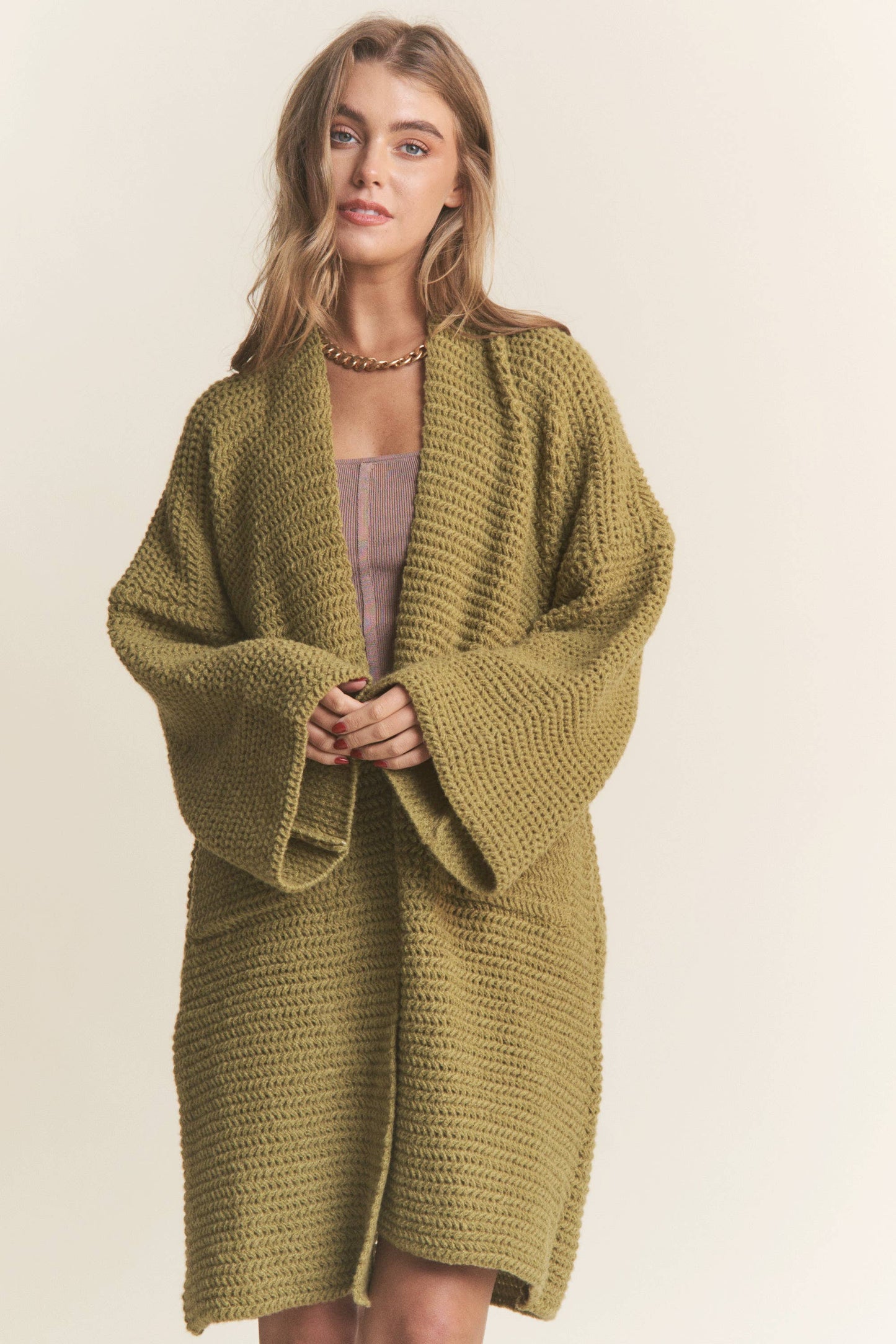 Long Body Cable Knit Open Cardigan: Golden Kiwi / L