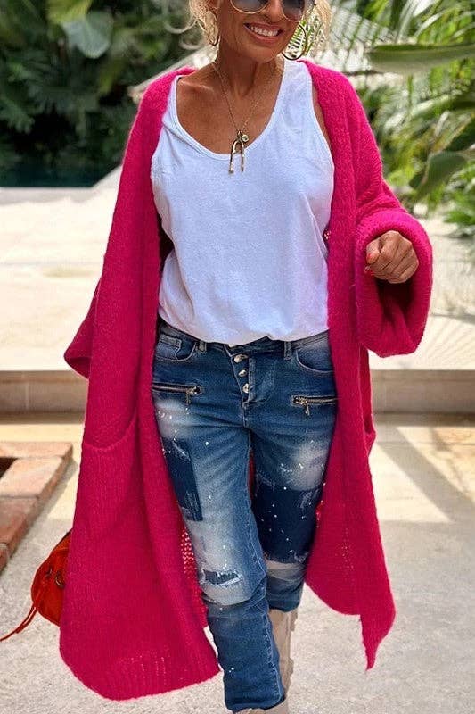 Love & Peace Exposed Seam Knit Sweater Long Cardigan: Fuchsia / L