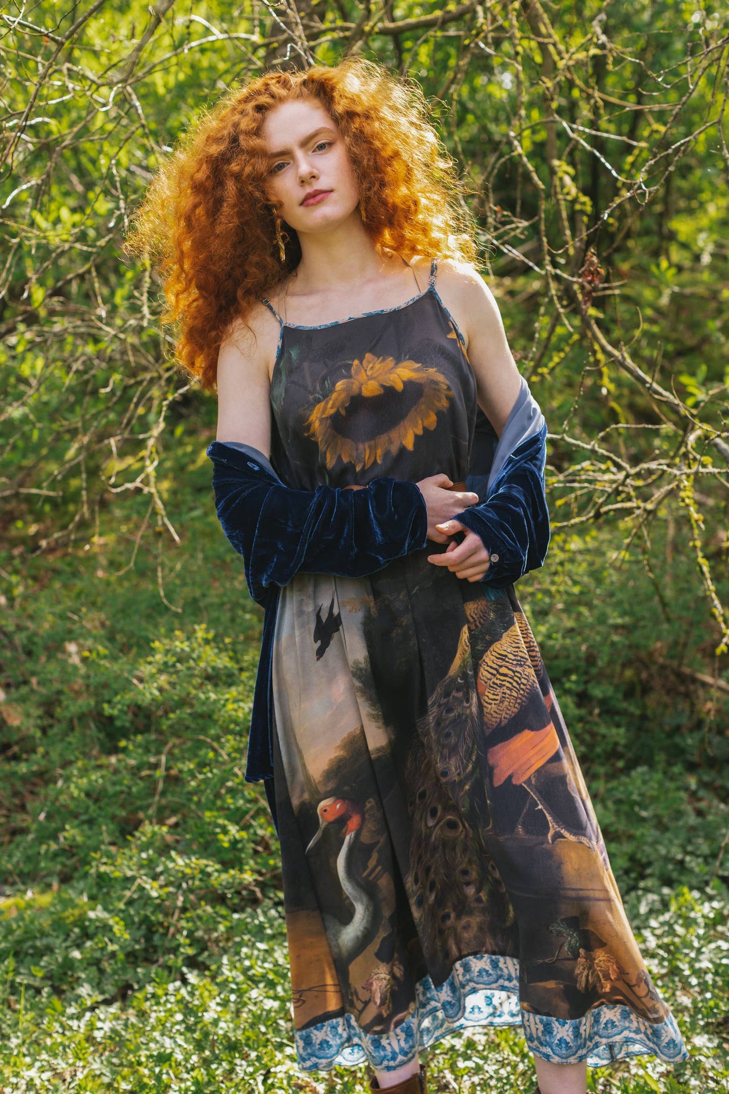 Wild Beauty Peacock Print Bohemian Bamboo Slip Dress: L/XL (fits approx. size 12-16)