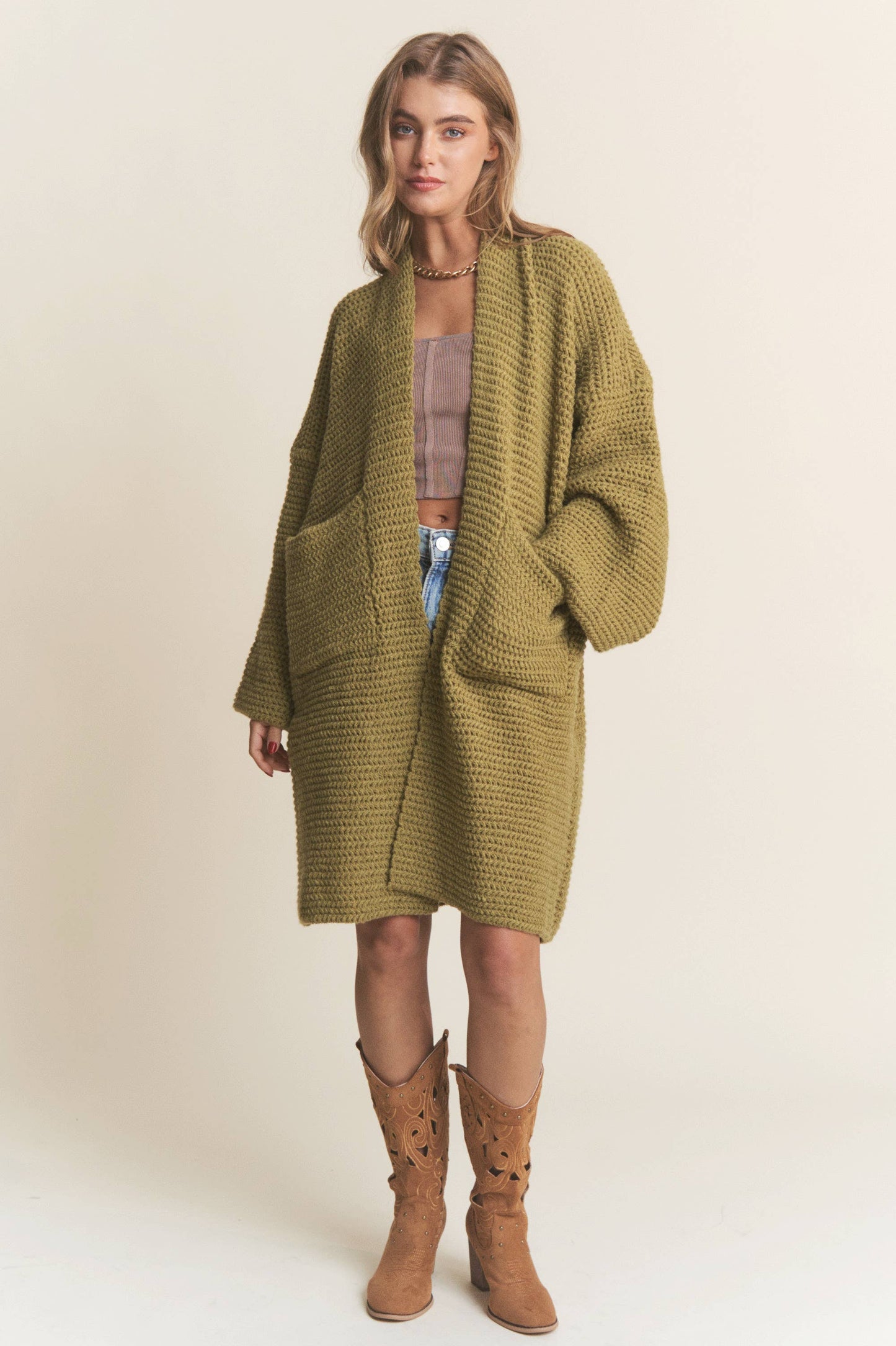 Long Body Cable Knit Open Cardigan: Golden Kiwi / M