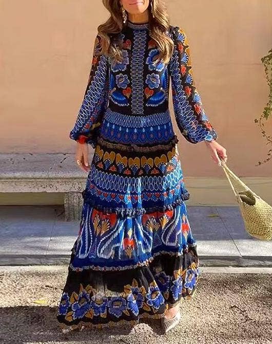 Bohemian long dress long-sleeved dress: Blue / S