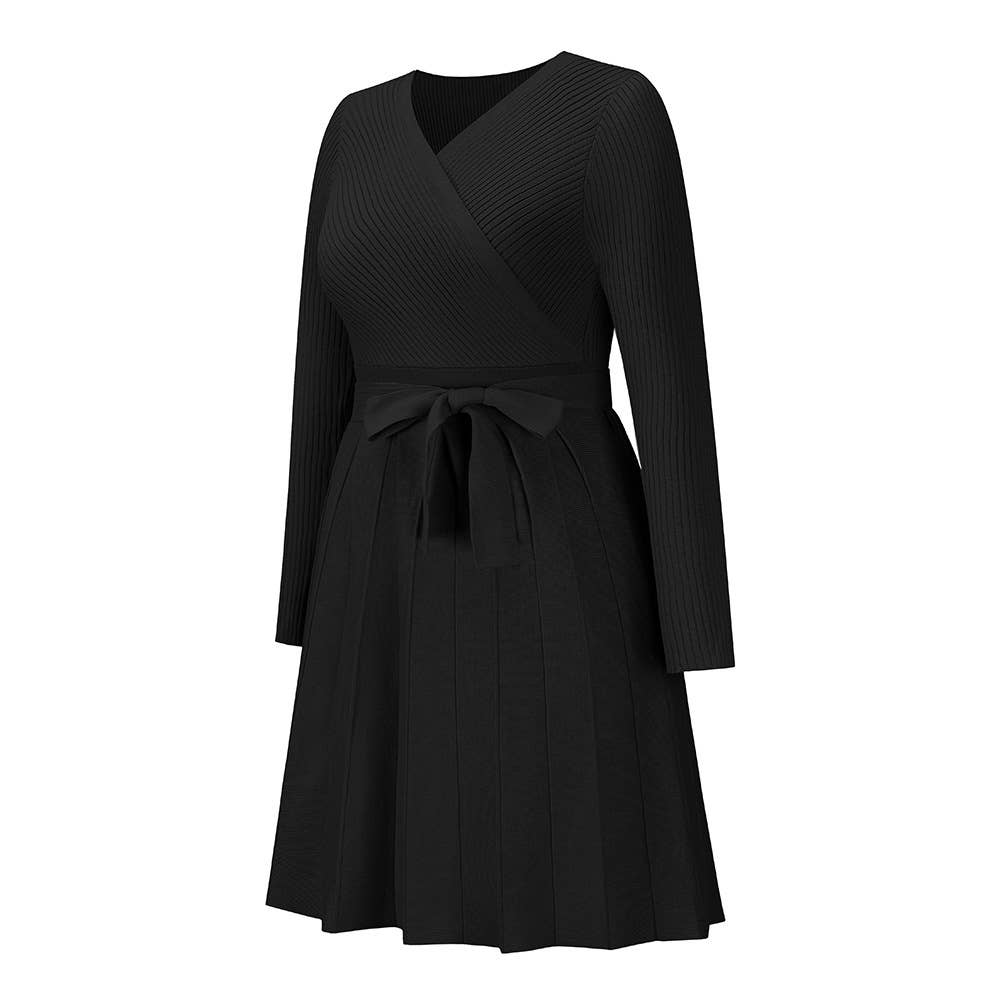 V-Neck Pleated Sweater Knitted Dress: Green / L