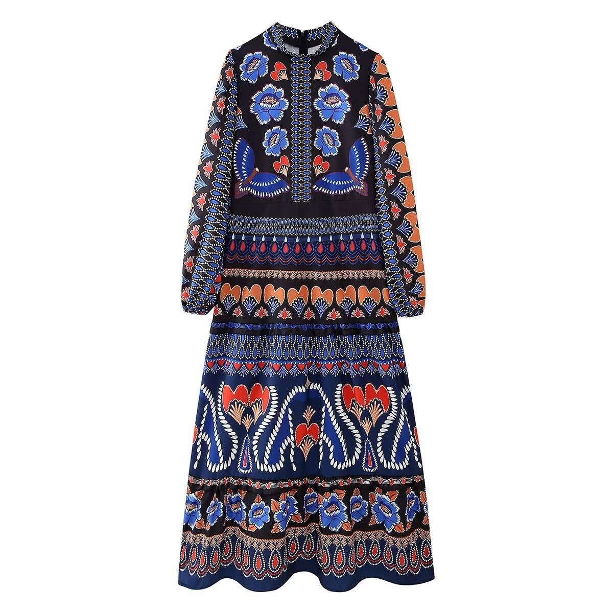 Bohemian long dress long-sleeved dress: Blue / S