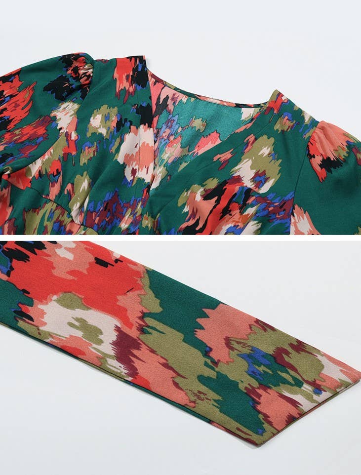 Stylish Printed V-Neck Slit Long-Sleeved Dress: Green / L