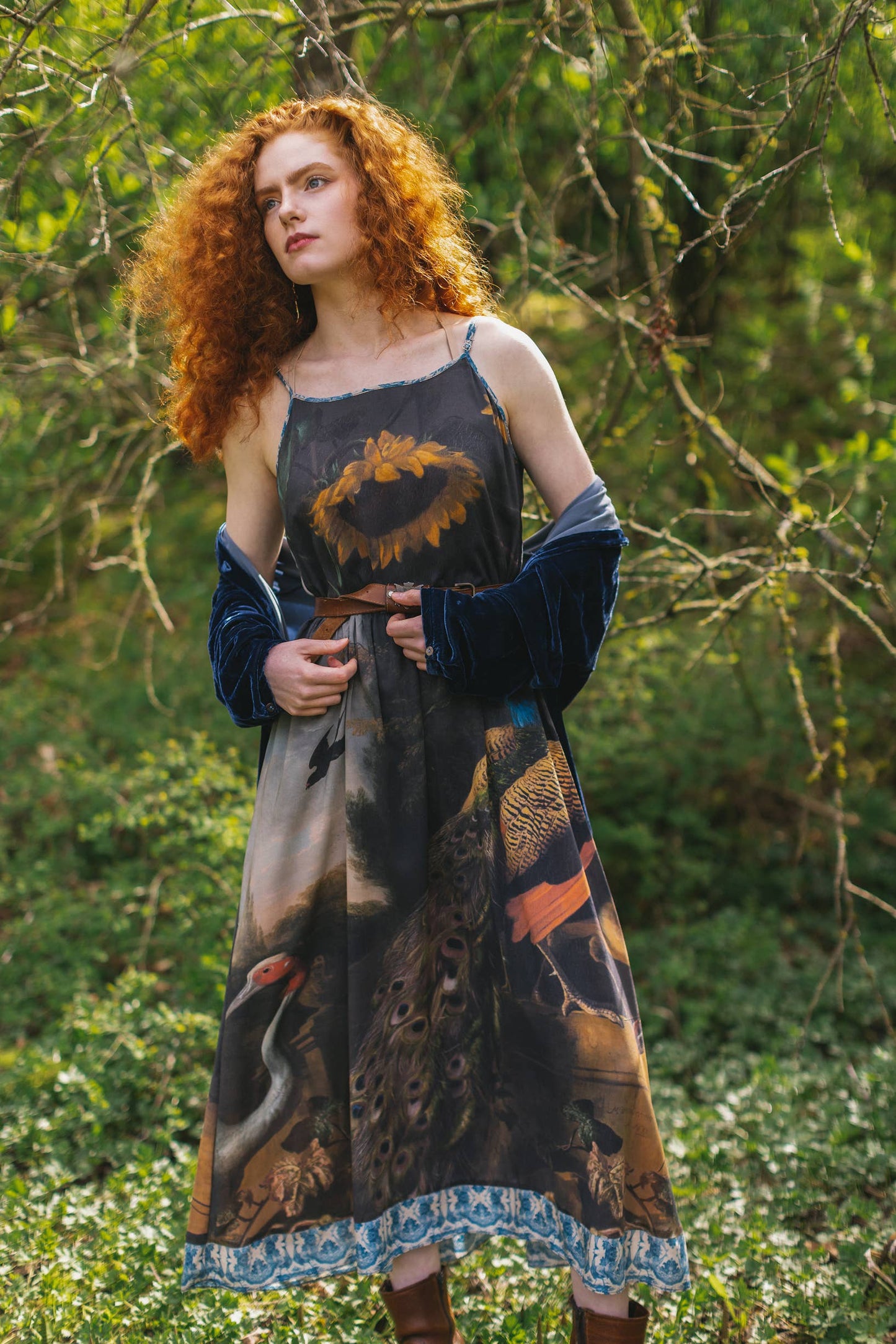 Wild Beauty Peacock Print Bohemian Bamboo Slip Dress: L/XL (fits approx. size 12-16)