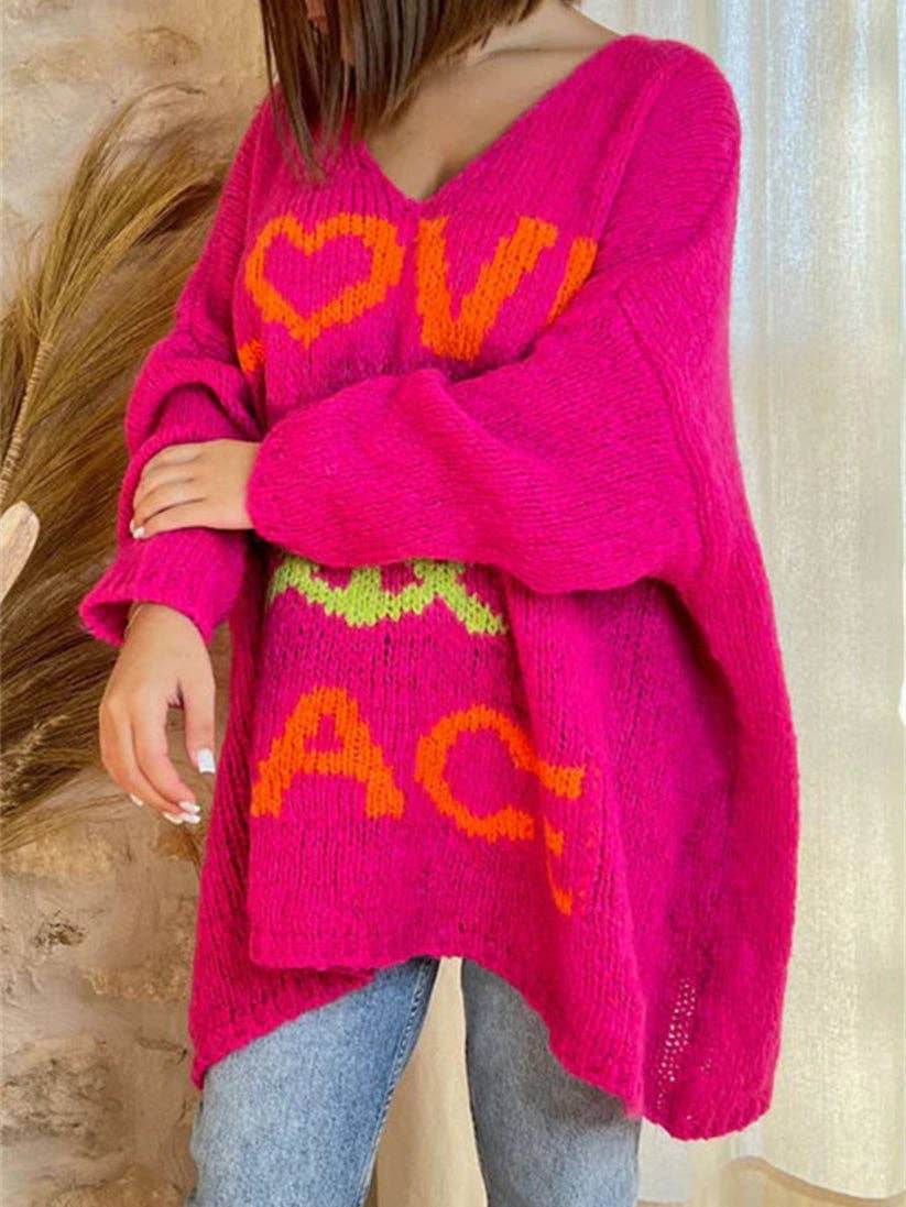 Love and Peace v-neck loose Knit Sweater: Blue / L