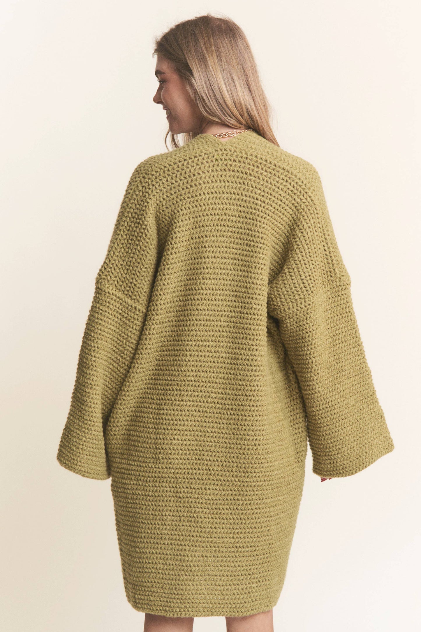 Long Body Cable Knit Open Cardigan: Golden Kiwi / S