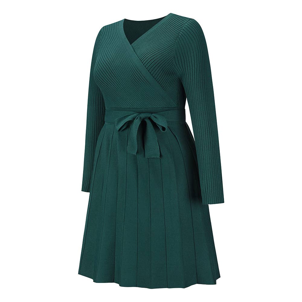 V-Neck Pleated Sweater Knitted Dress: Green / S