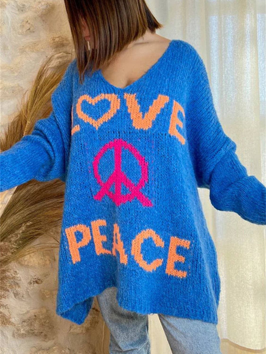 Love and Peace v-neck loose Knit Sweater: Blue / L