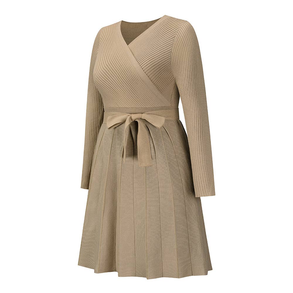 V-Neck Pleated Sweater Knitted Dress: Green / M