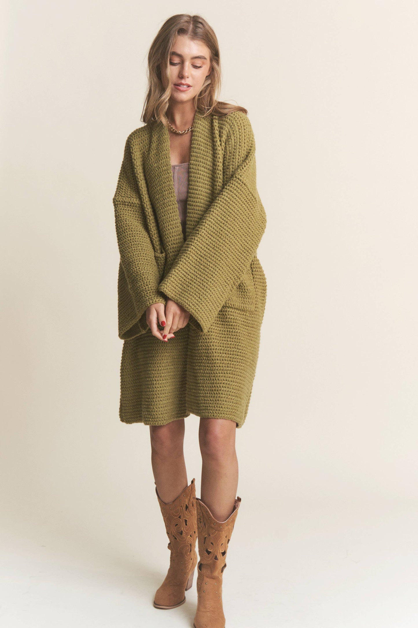 Long Body Cable Knit Open Cardigan: Golden Kiwi / L