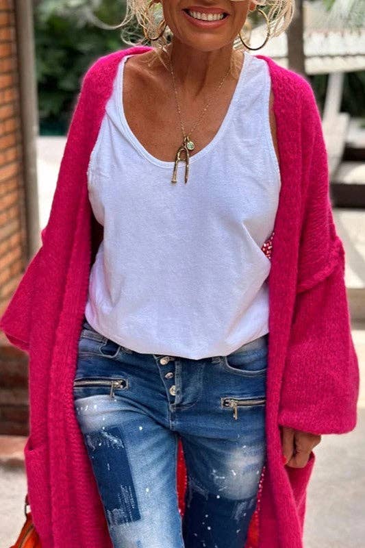 Love & Peace Exposed Seam Knit Sweater Long Cardigan: Fuchsia / L