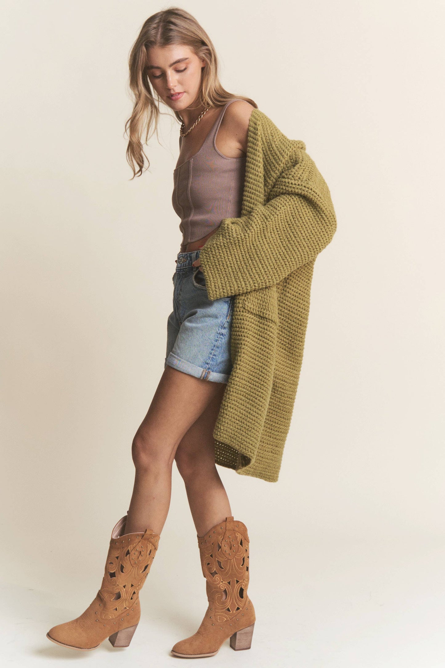 Long Body Cable Knit Open Cardigan: Golden Kiwi / L