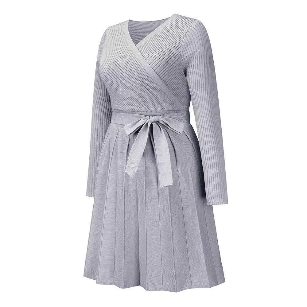 V-Neck Pleated Sweater Knitted Dress: Green / XL