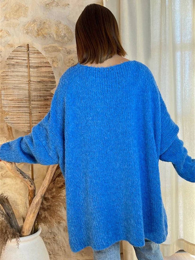 Love and Peace v-neck loose Knit Sweater: Blue / L