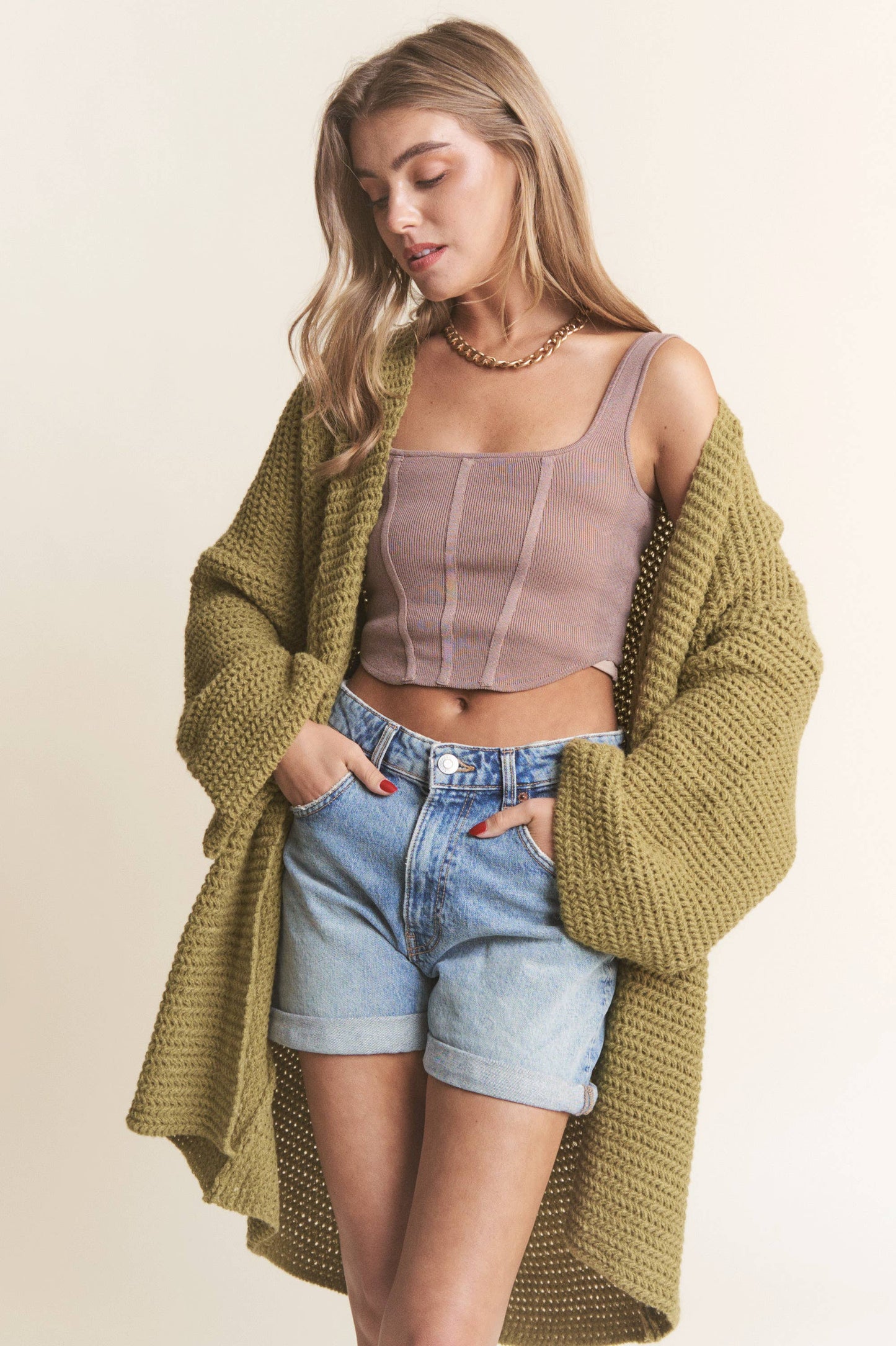 Long Body Cable Knit Open Cardigan: Golden Kiwi / S