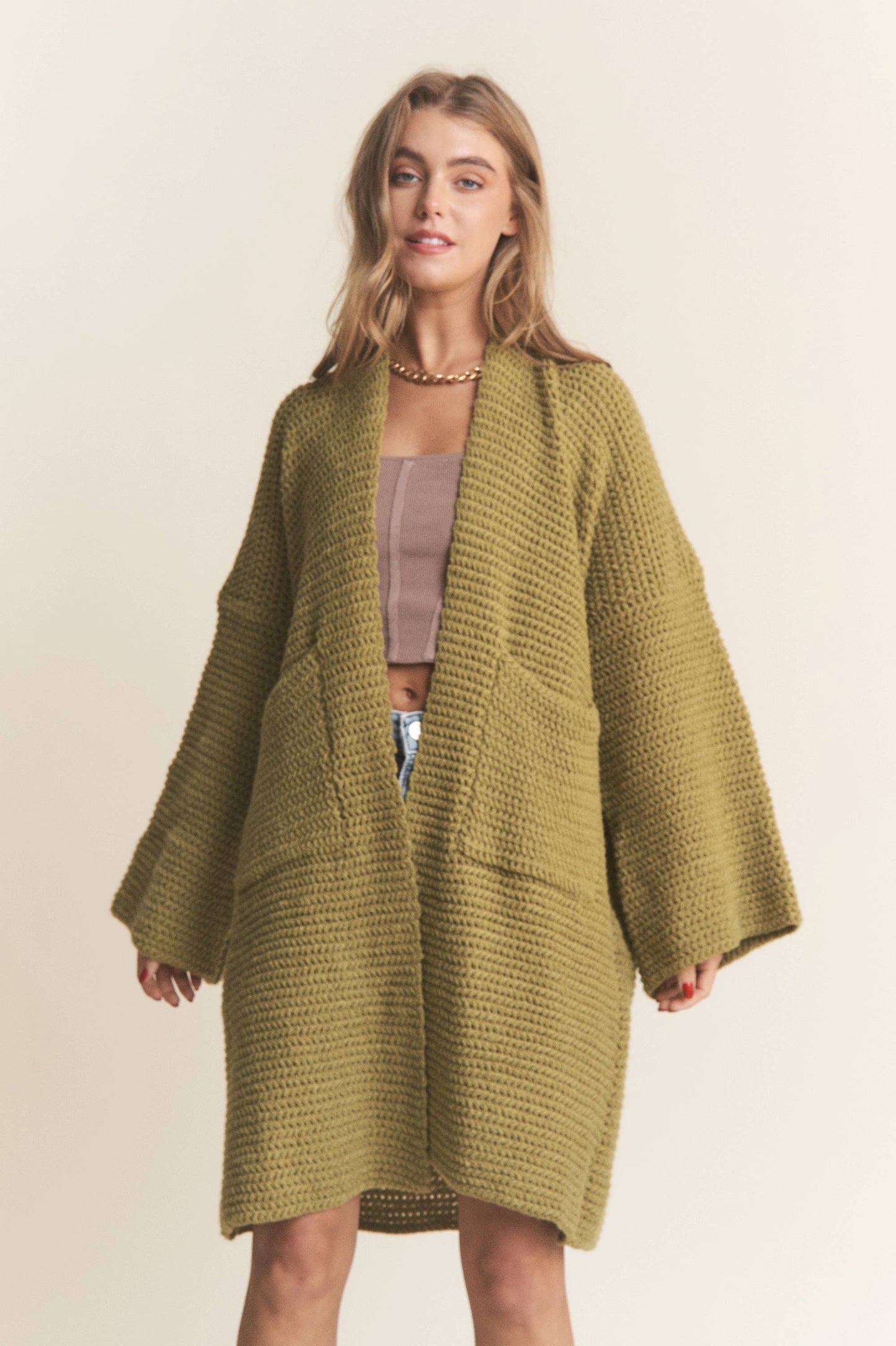Long Body Cable Knit Open Cardigan: Golden Kiwi / M