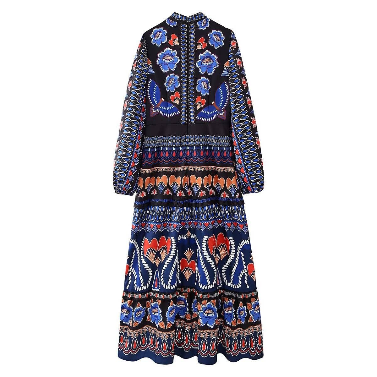 Bohemian long dress long-sleeved dress: Blue / S