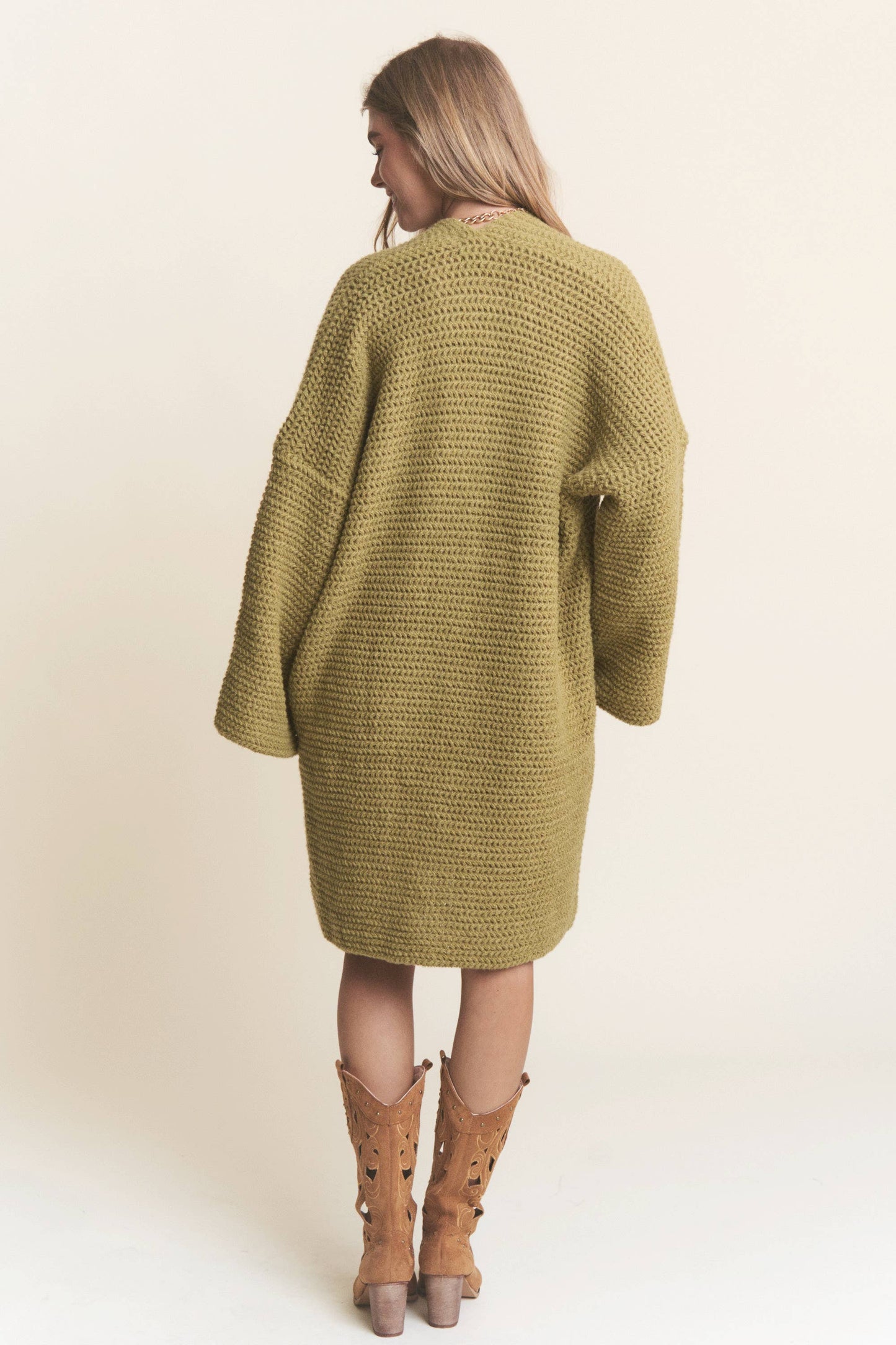Long Body Cable Knit Open Cardigan: Golden Kiwi / M
