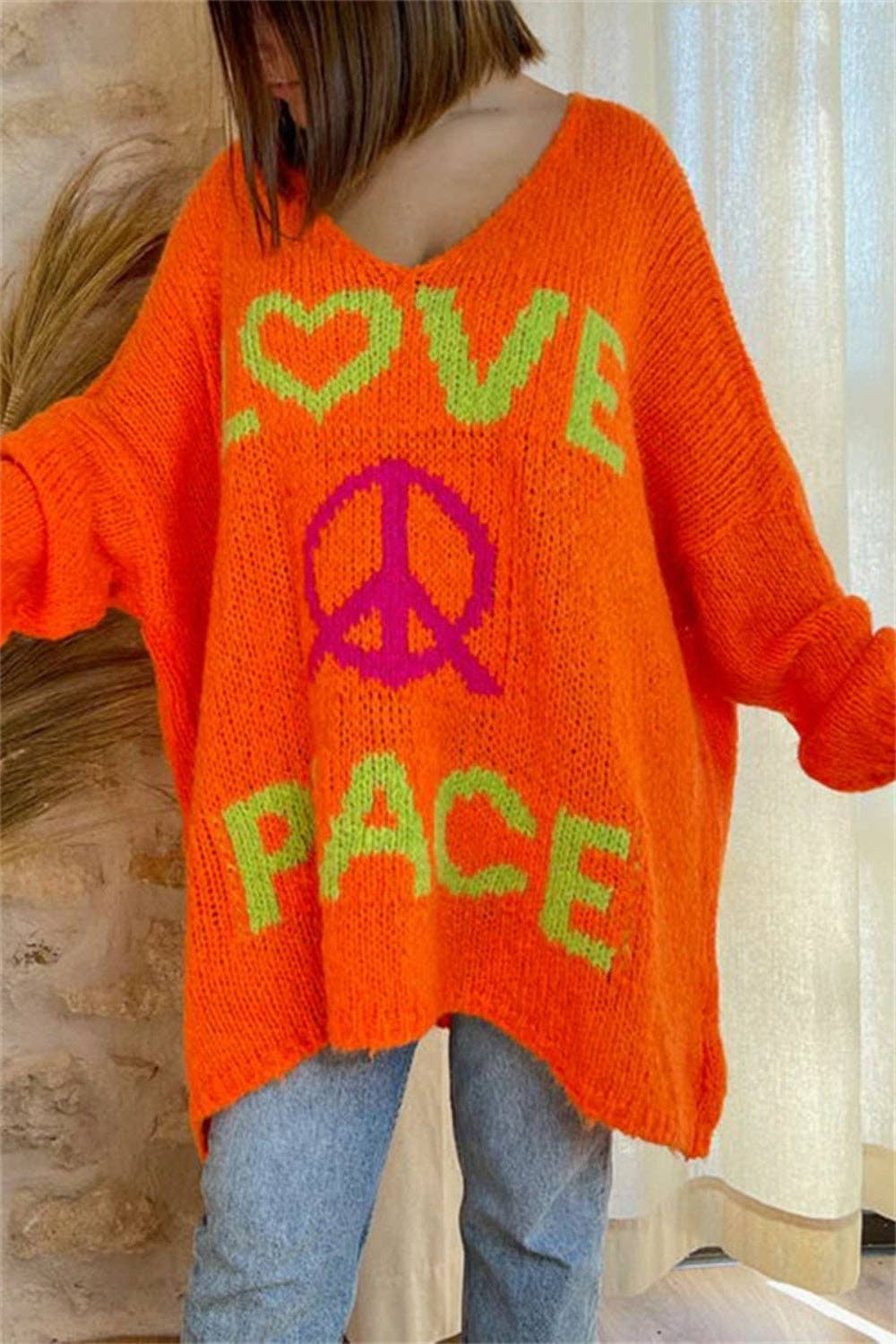 Love and Peace v-neck loose Knit Sweater: Blue / L