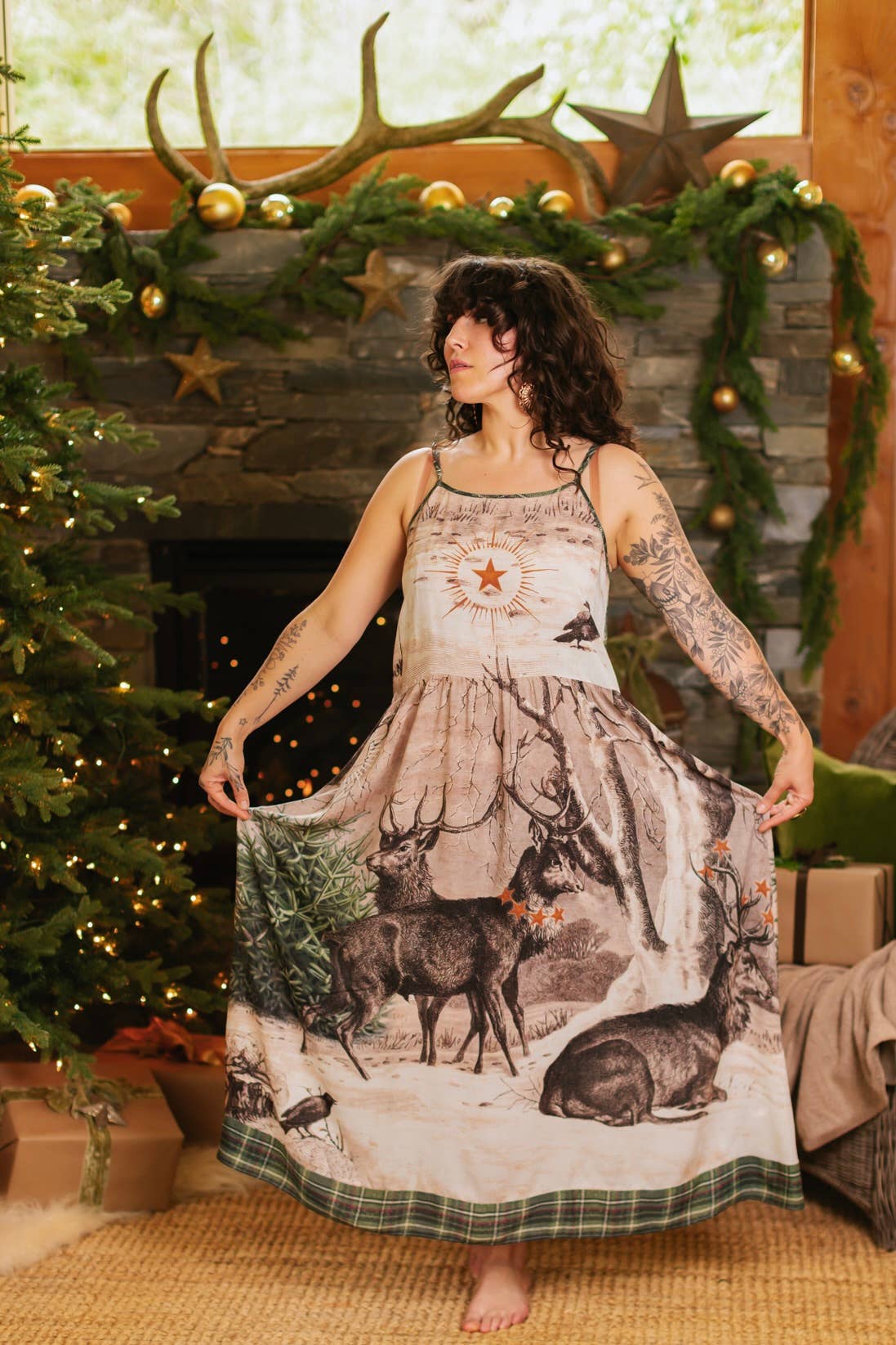 Winter Wish Christmas Plaid Bohéme Slip Dress with Deer: L/XL (fits approx. size 12-16)