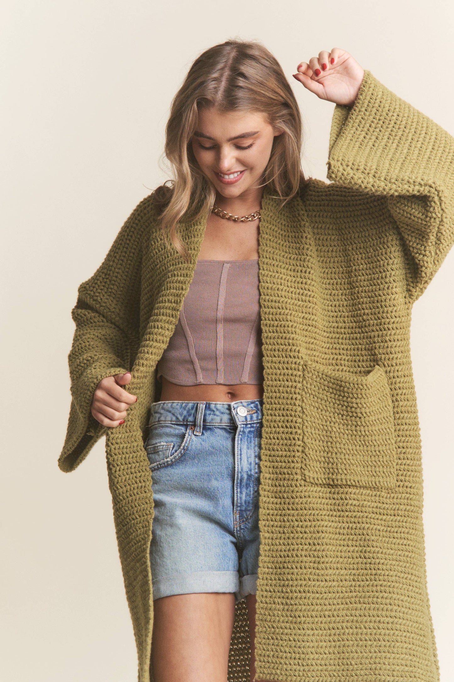 Long Body Cable Knit Open Cardigan: Golden Kiwi / S