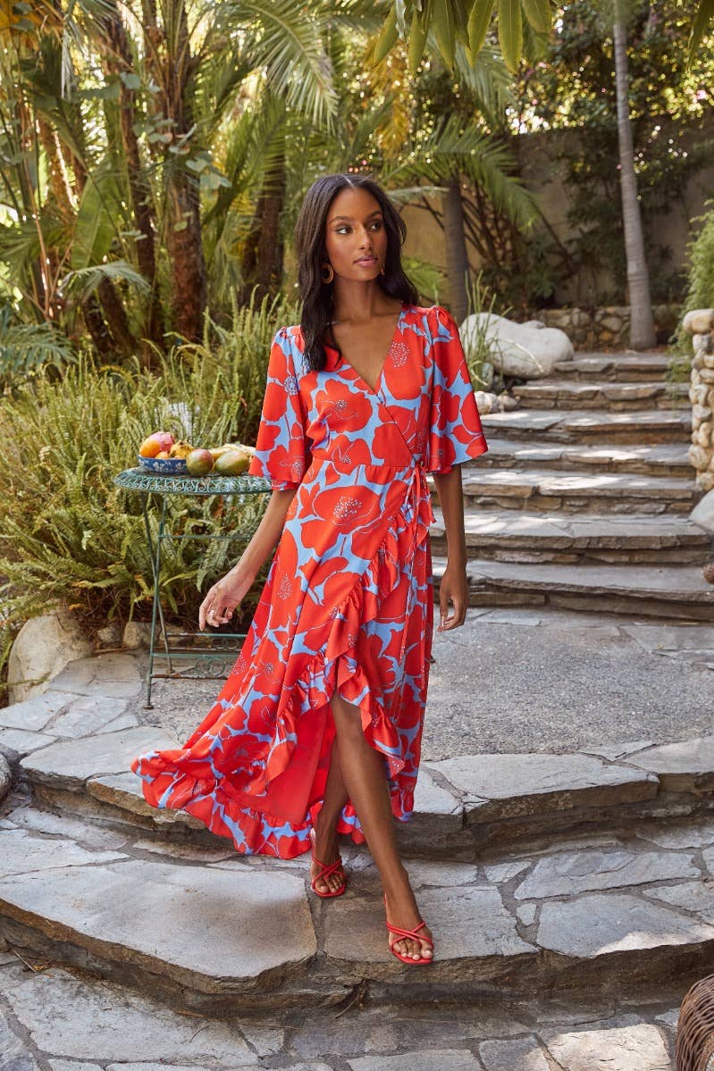 Poppy Floral Abelia Hi-Low Maxi Dress: BLUE-RED / XS