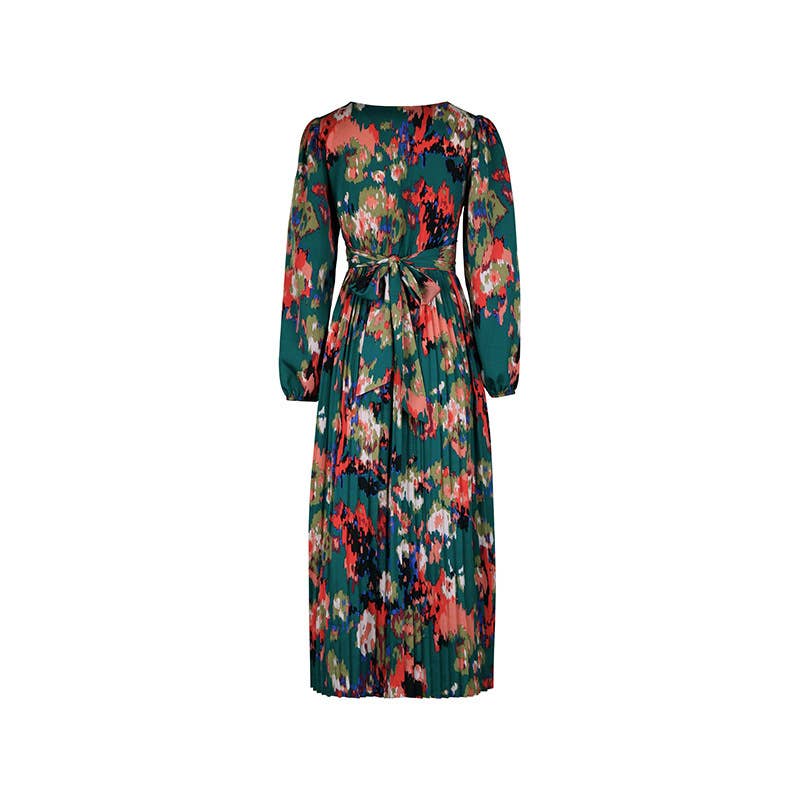 Stylish Printed V-Neck Slit Long-Sleeved Dress: Green / L