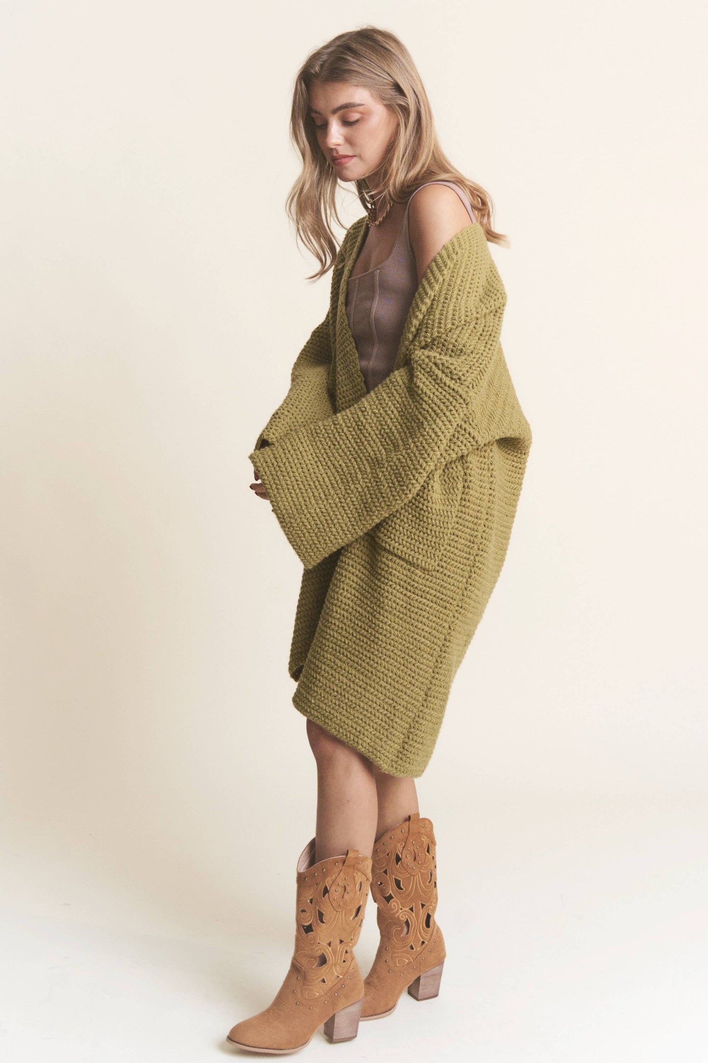 Long Body Cable Knit Open Cardigan: Golden Kiwi / M